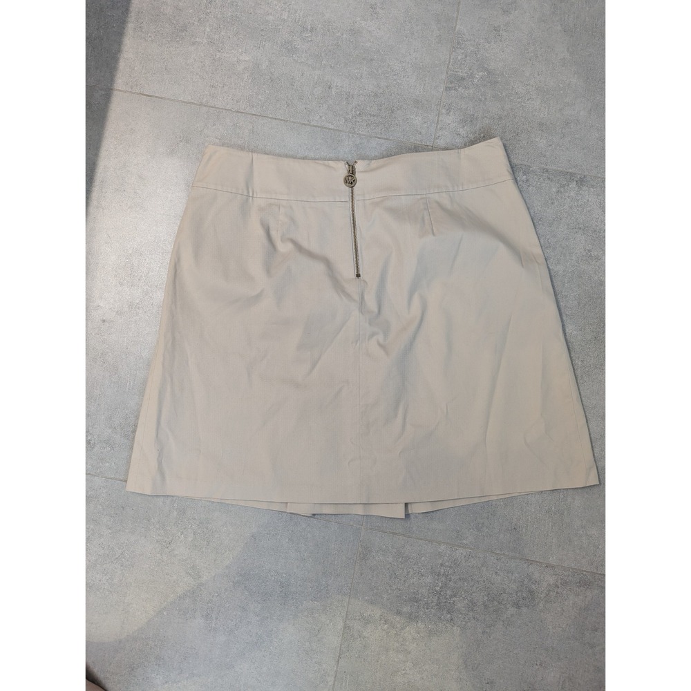 Michael Kors Khaki Beige Cotton Blend Pleated A-Line Skirt Size 14 MK Logo Zip - Picture 2 of 9